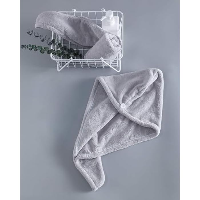 Hair Towel Wrap for Women (2 Pack) Microfiber Turban Quick Drying Super Absorbent with Button for Wet and Dry Hair Red Grey Microfiber - Image 3